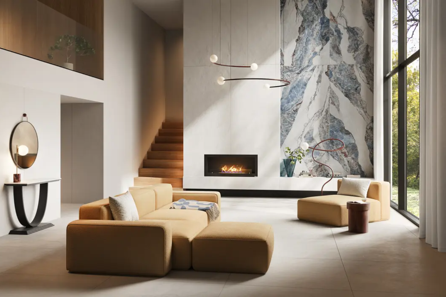 Nowoczesny salon z marmurowym motywem na ścianie